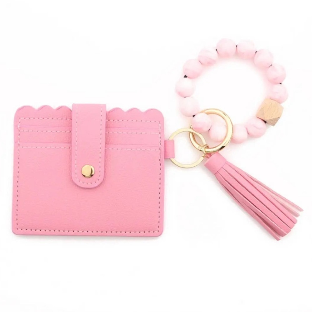 PINK LEATHER WALLET TASSEL KEYCHAIN BRACELET ALL IN ONE